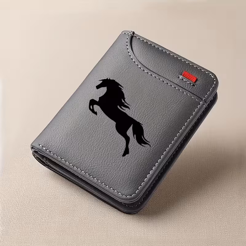 1pc Men's Vintage Faux Leather Credit Card Wallet - Regal Black Horse Print - Slim & Soft Design with Multiple Card Slots, Business Style ID & Credit Card Holder, Travel Coin Purse, Perfect for Men's