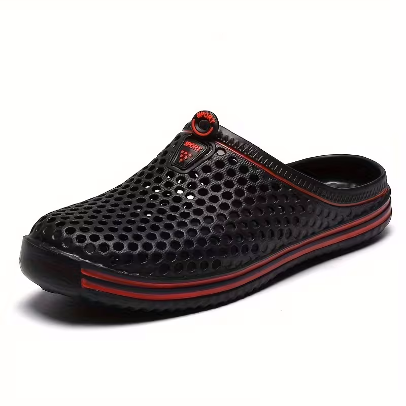 Men'S Hollow Perforated Mule Clogs Sandals, Striped Platform Backless Casual Shoes, Outdoor Beach Daily Walking Footwear