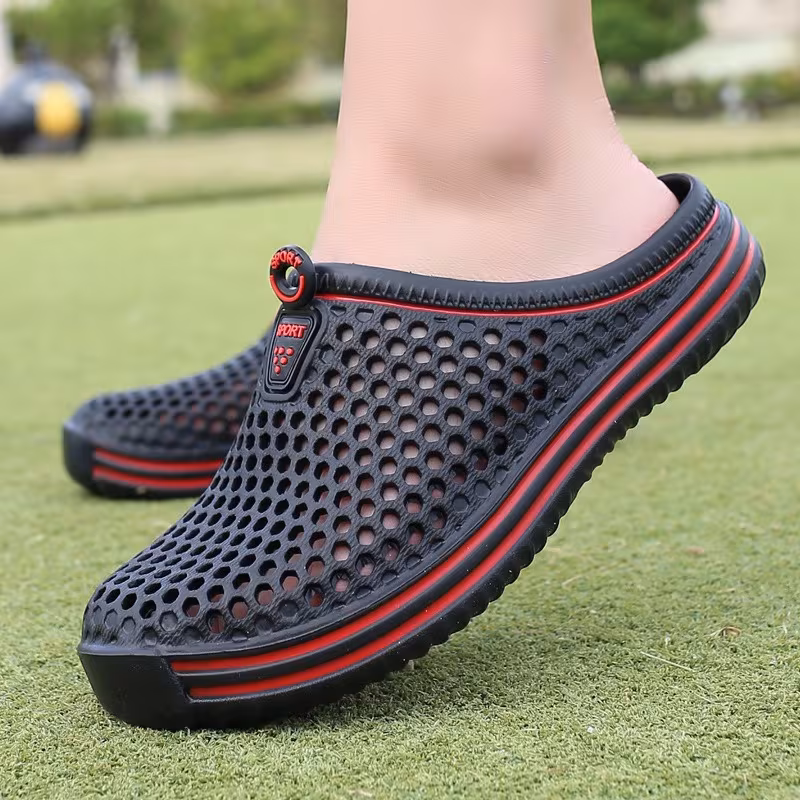 Men'S Hollow Perforated Mule Clogs Sandals, Striped Platform Backless Casual Shoes, Outdoor Beach Daily Walking Footwear