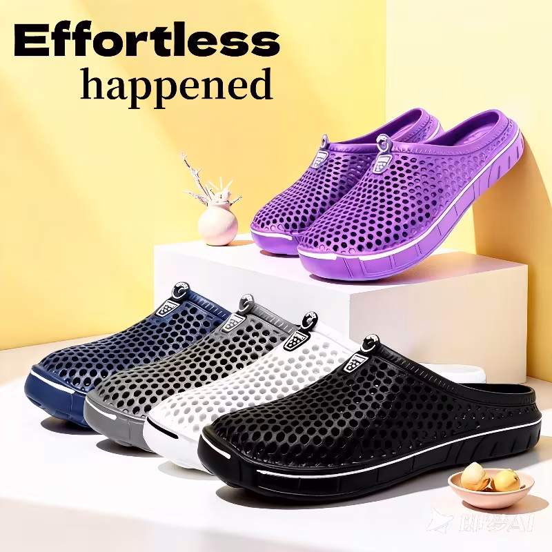 Men'S Hollow Perforated Mule Clogs Sandals, Striped Platform Backless Casual Shoes, Outdoor Beach Daily Walking Footwear